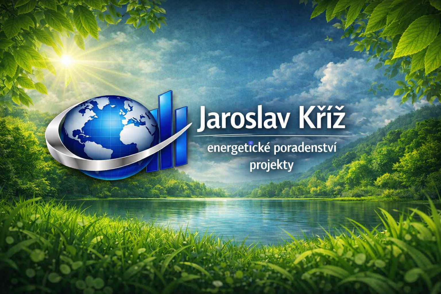 Glóbus a modré sloupce nad jezírkem v lese, zelené listy rámují logo Jaroslav Kříž. energetické poradenství