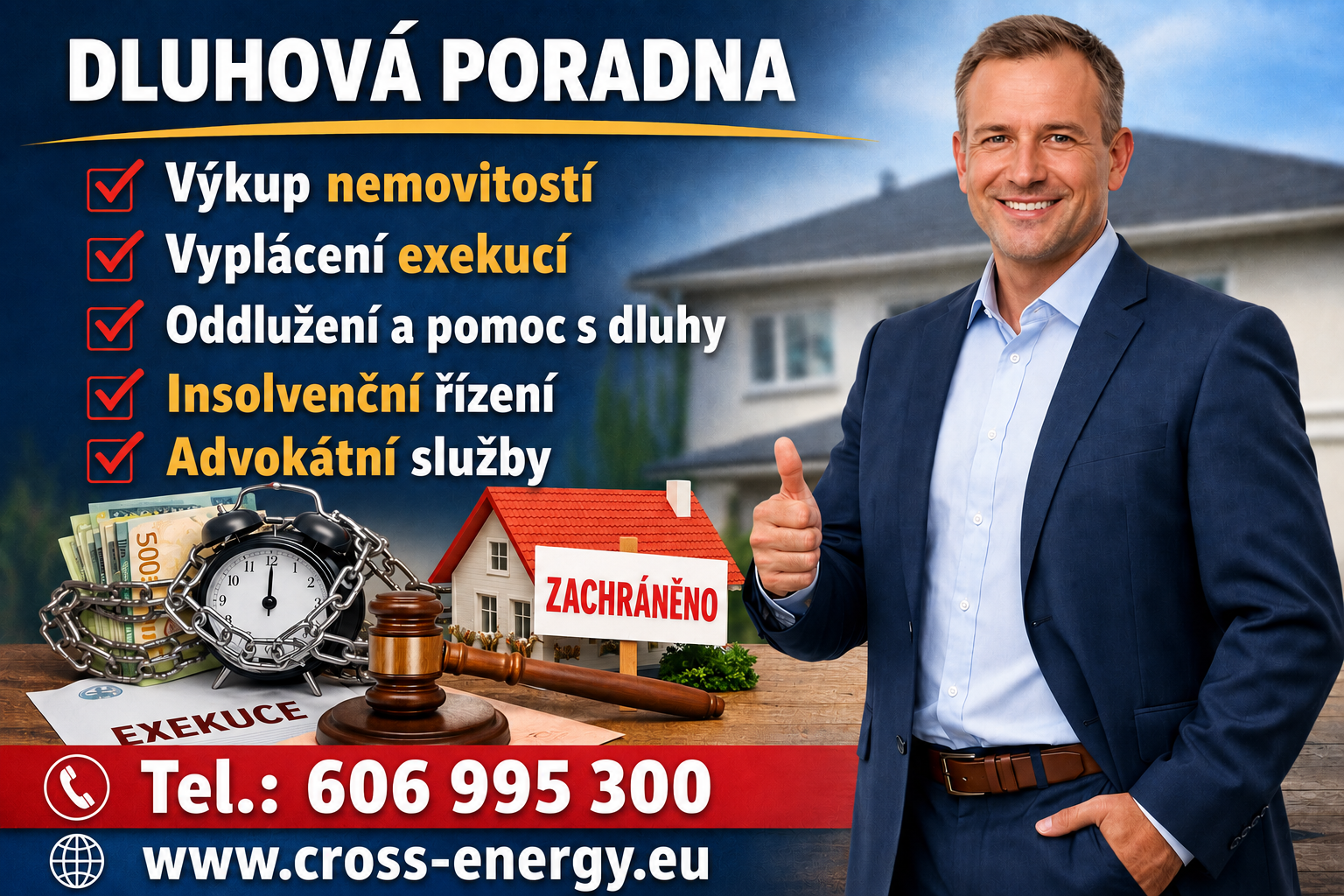 Ilustrace dvou mužů v oblecích na pozadí města, stavební jeřáb a nápis Řešení problémů se stavebními firmami a dodavateli